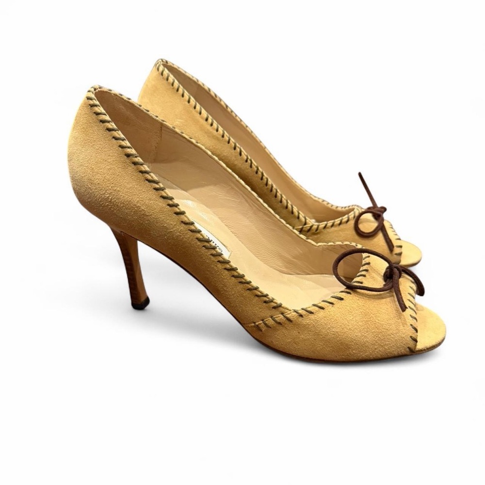 Vintage Manolo Blahnik Suede Peep Toe High Heels Camel 38.5 - Picture 3 of 12